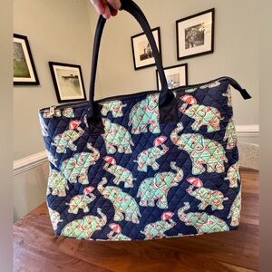 NGil Quilted Lined Large Overnight Tote Bag Elephants Umbrellas Blue Roses NWOT